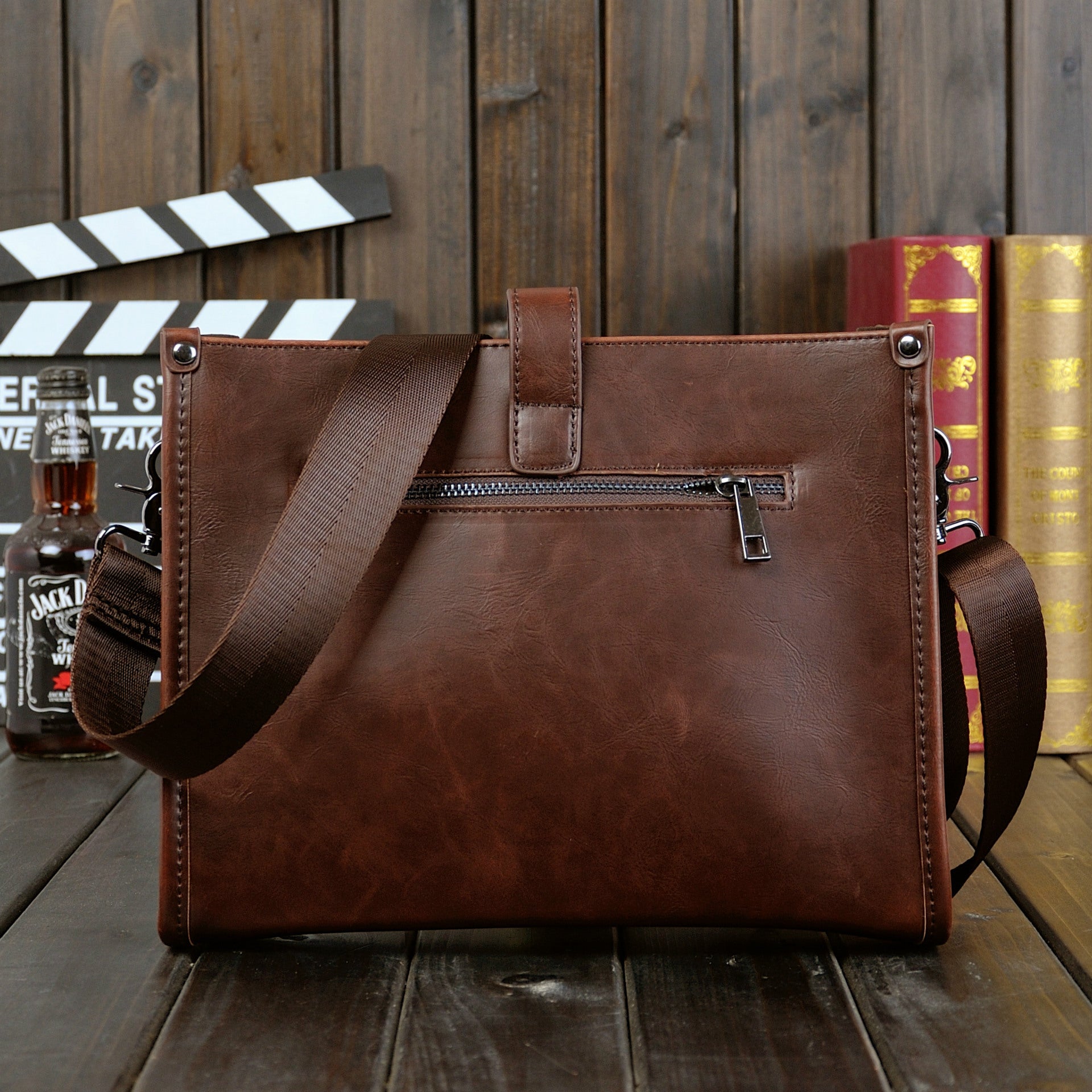 Mens Shoulder Messenger Bag Korean Style Casual Horizontal Retro PU Leather Brown 28 Inch Length