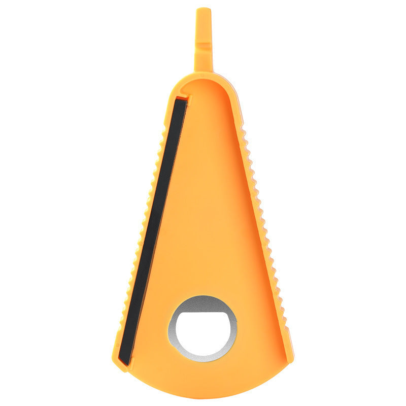 Yellow triangular can and beer opener with black blade and hanging hole