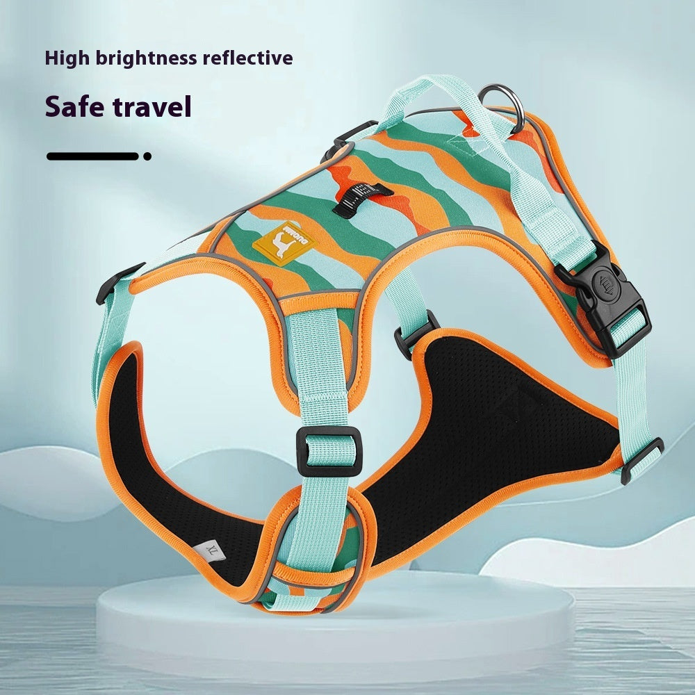 Reflective dog harness, orange-and-teal camo with aqua webbing and front buckle