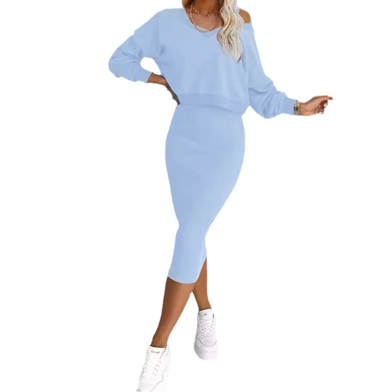 Women's light blue 2-piece sweatshirt top and midi dress set, long sleeves, bodycon fit