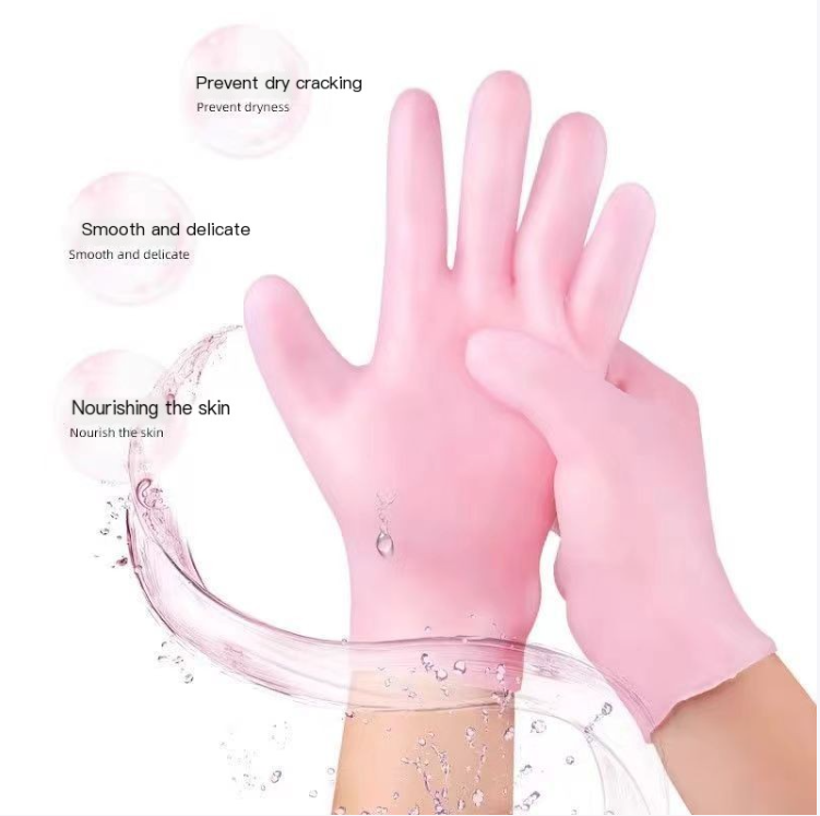 Pink silicone moisturizing hand gloves, five-finger design with water droplets graphic