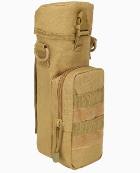 Light tan water bottle shoulder bag with front zipper compartment and carrying strap