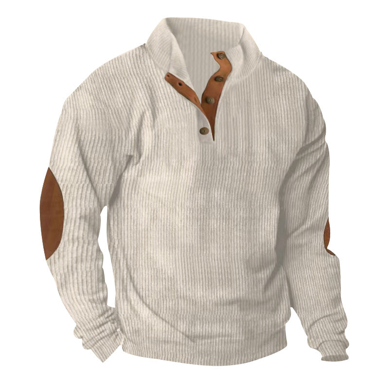 Light gray corduroy stand-collar pullover sweater with snap placket and long sleeves