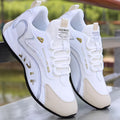 Men's low-top dad sneakers, white with tan overlays and black/gold accents