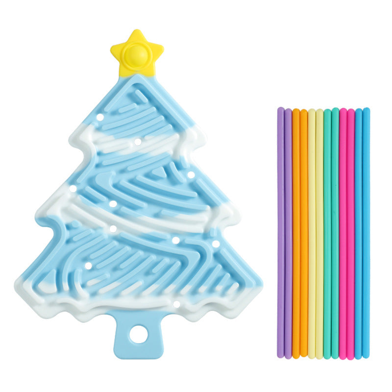 Light blue Christmas tree sensory board with yellow star top plus rainbow plastic straws