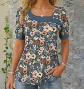 Summer New Floral Button T-shirt For Women Short Sleeve Round Neck Top