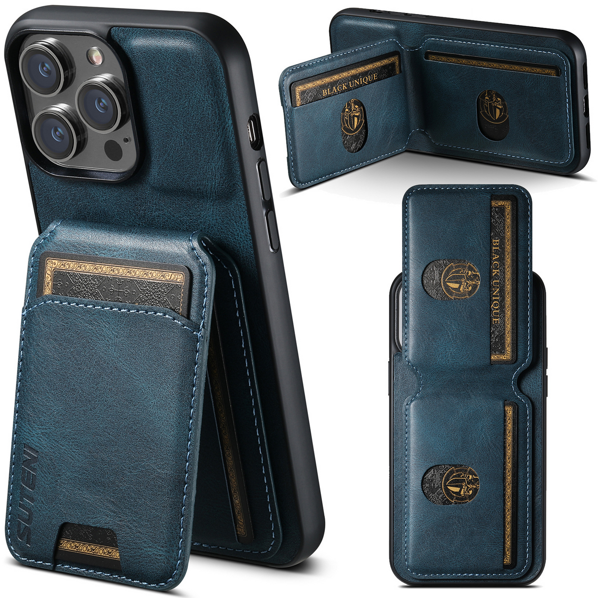 Blue leather phone case with card holder window and flip wallet cover