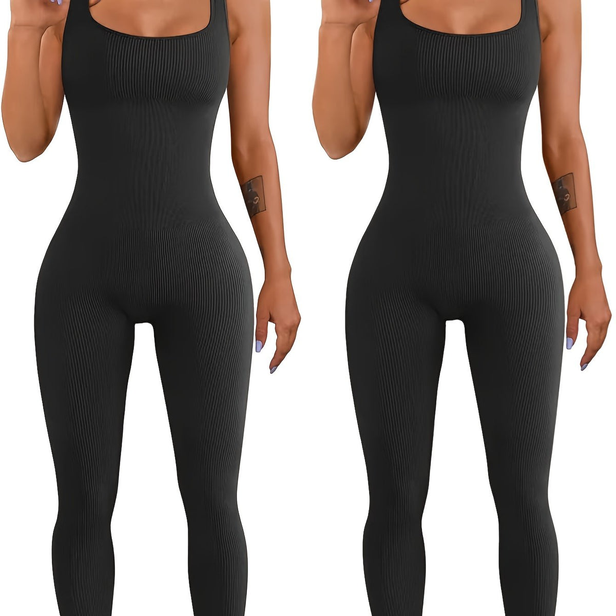 Women's sleeveless spandex workout bodysuit, black, scoop neck, ribbed knit, close-up