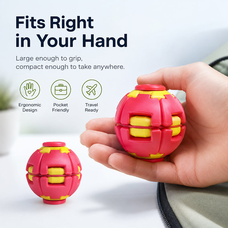 Red and yellow 3D printed spinning fidget ball in a hand, close-up view