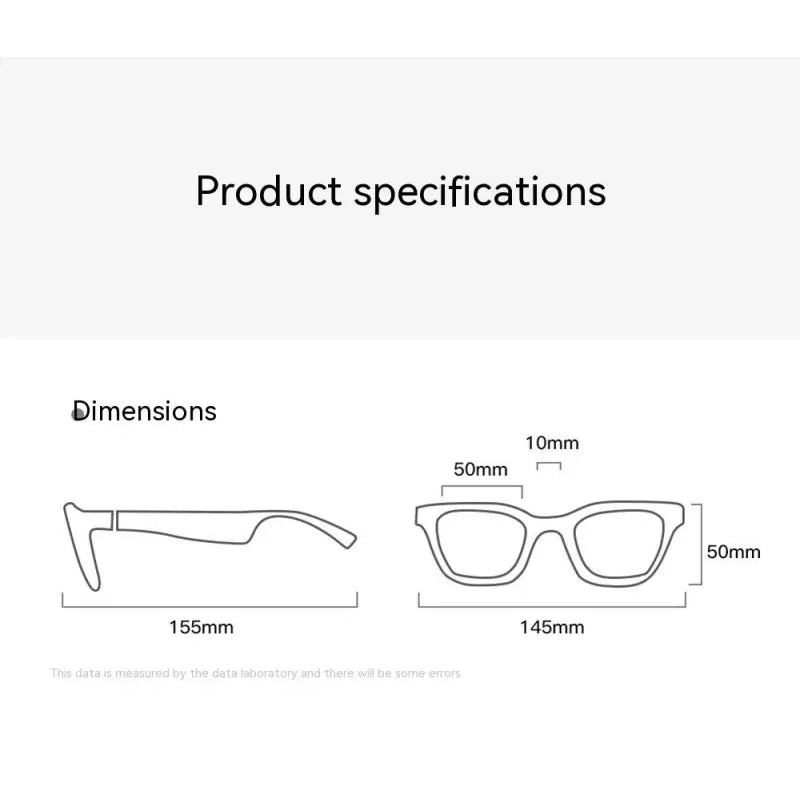 Black smart audio glasses size diagram with frame width measurements