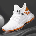 Men's fly-knit mesh sneakers, white knit upper with orange accents, side and lace detail