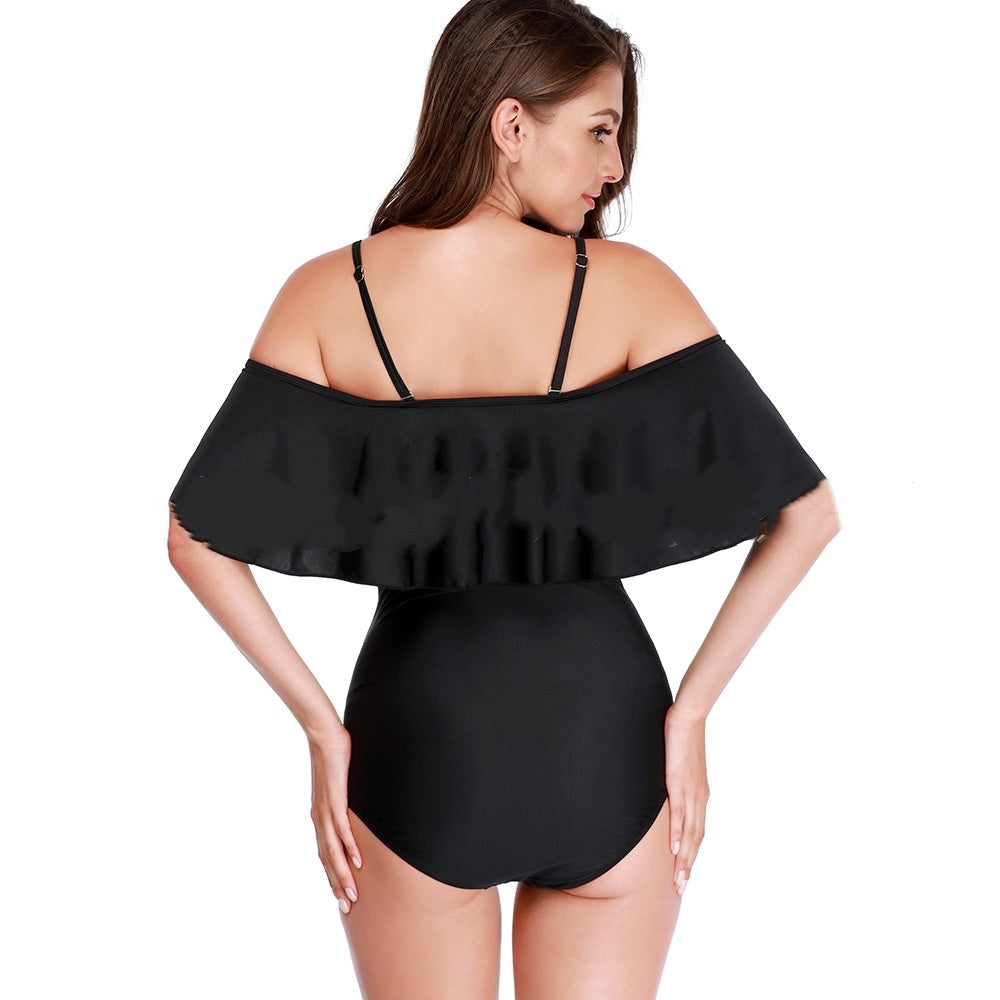 New European And American Solid Color Off-shoulder Ruffles Plus Size Swimwear For Pregnant Women