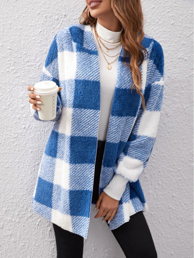 Blue and white plaid knit cardigan sweater with open front and long sleeves