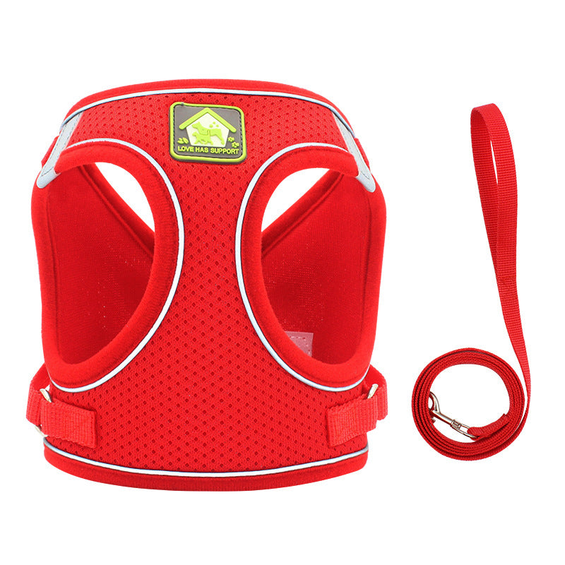Red cat harness vest with attached red leash and adjustable side straps