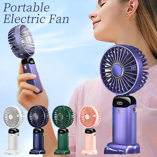Blue portable mini fan with LED display on stand, plus compact handheld fan