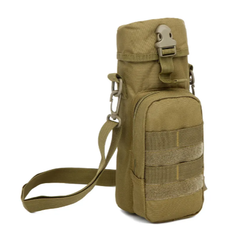 Light tan water bottle shoulder bag with adjustable strap and front webbed pockets