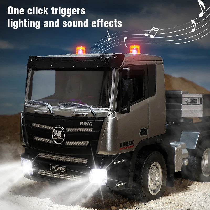 Black RC flatbed truck with trailer, front grille, headlights and amber roof lights