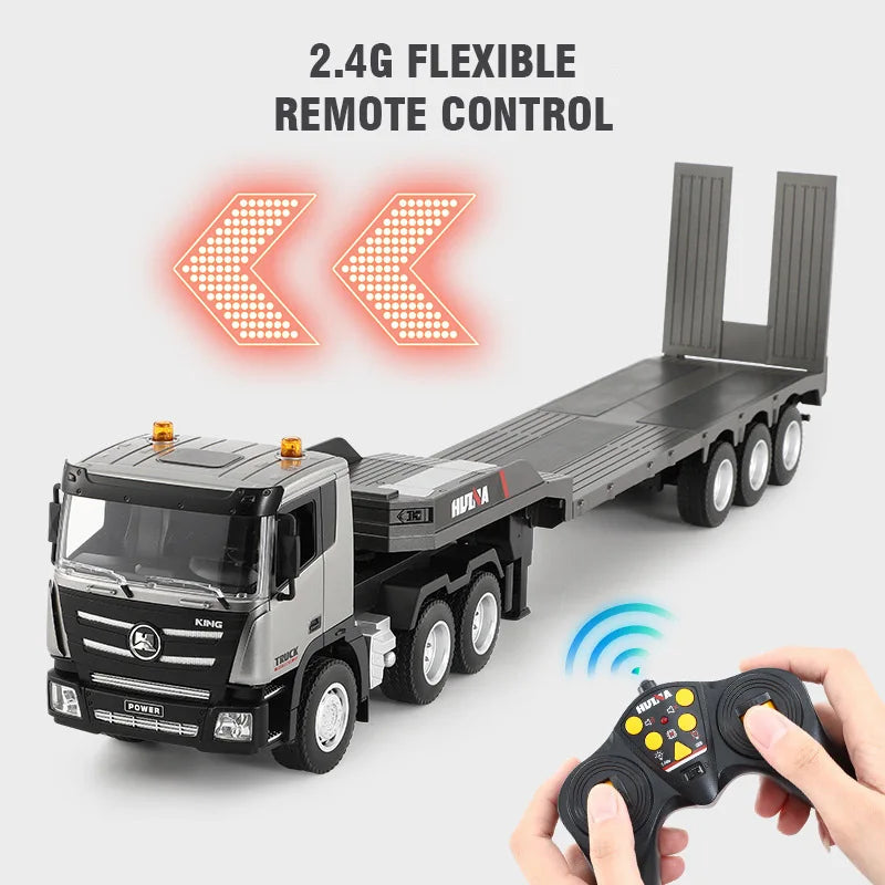 RC flatbed truck with handheld remote controller, blue control signal light