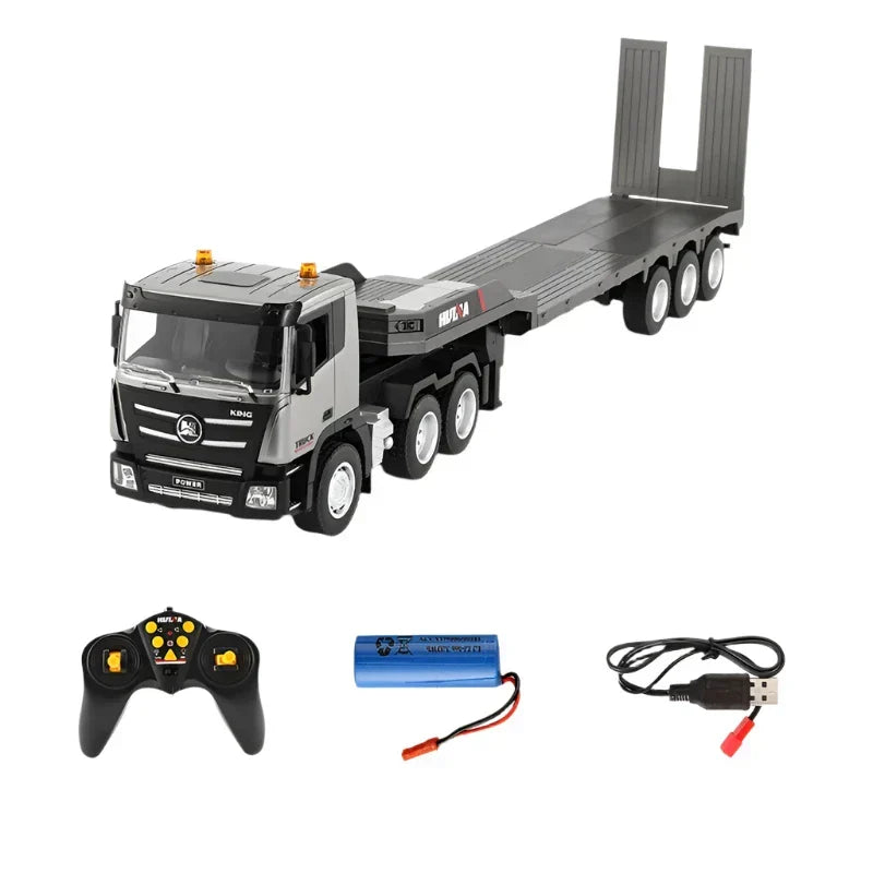 RC flatbed truck with trailer, handheld remote control, battery and connecting cables