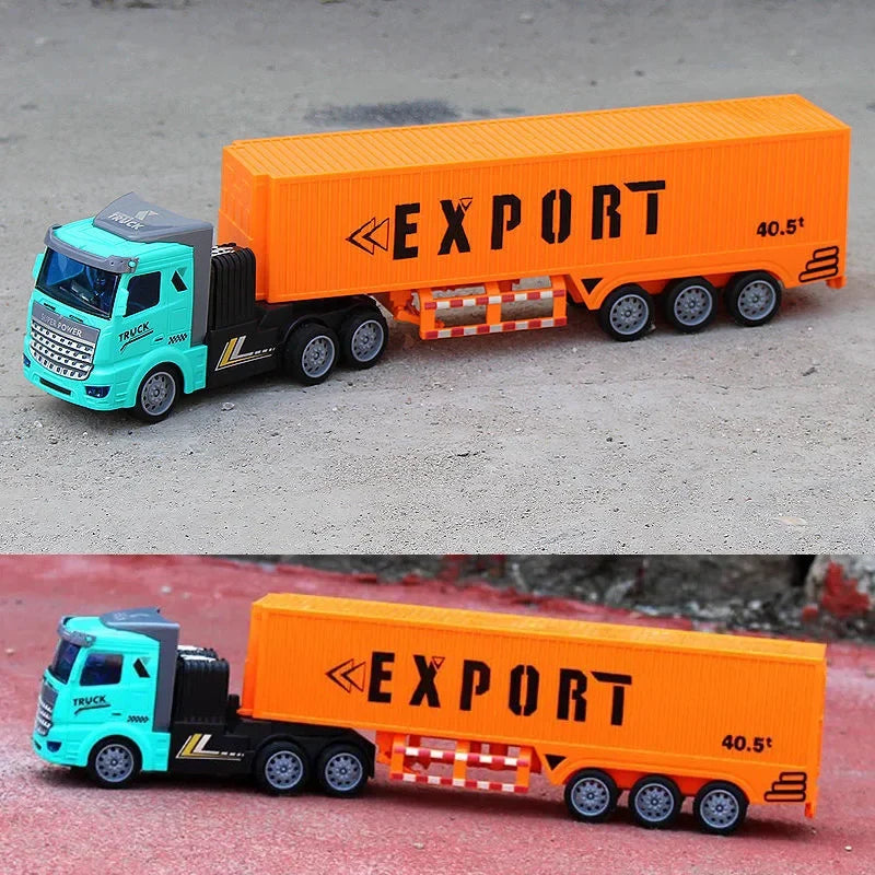 Turquoise RC semi truck with orange EXPORT cargo trailer, side view