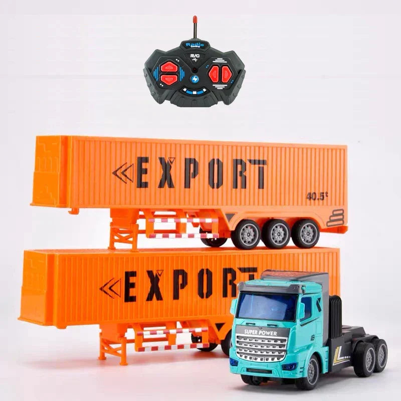 Turquoise RC semi truck with orange EXPORT semi-trailer and black remote controller