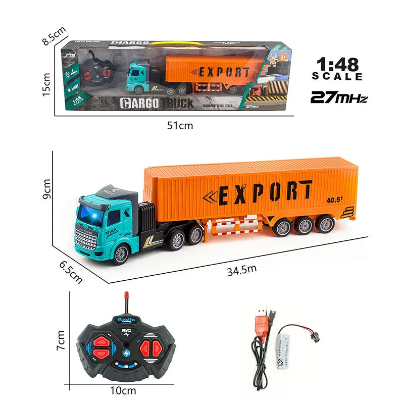RC semi truck set in box: orange EXPORT trailer, turquoise cab, controller and charger