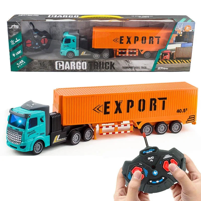 Boxed RC semi truck set with turquoise cab, orange EXPORT trailer, and handheld controller