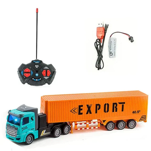 Turquoise RC semi truck with orange EXPORT cargo trailer and black controller