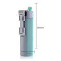 Portable Bluetooth speaker with green mesh front and gray fold-out stand on the side