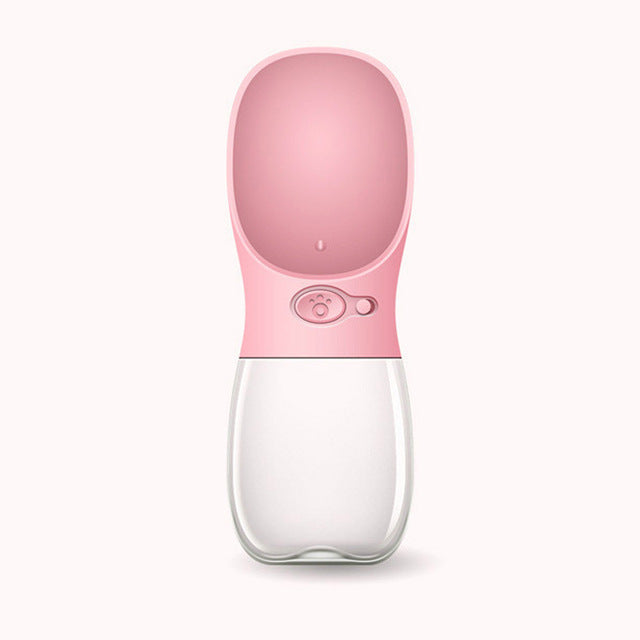 Portable pet water bottle with filter, pink top and clear white base