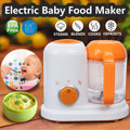 Baby food processor with orange lid, white base, and clear blending/steaming containers