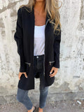Women’s black zip-up hooded cardigan, front pockets with zipper tabs, open front