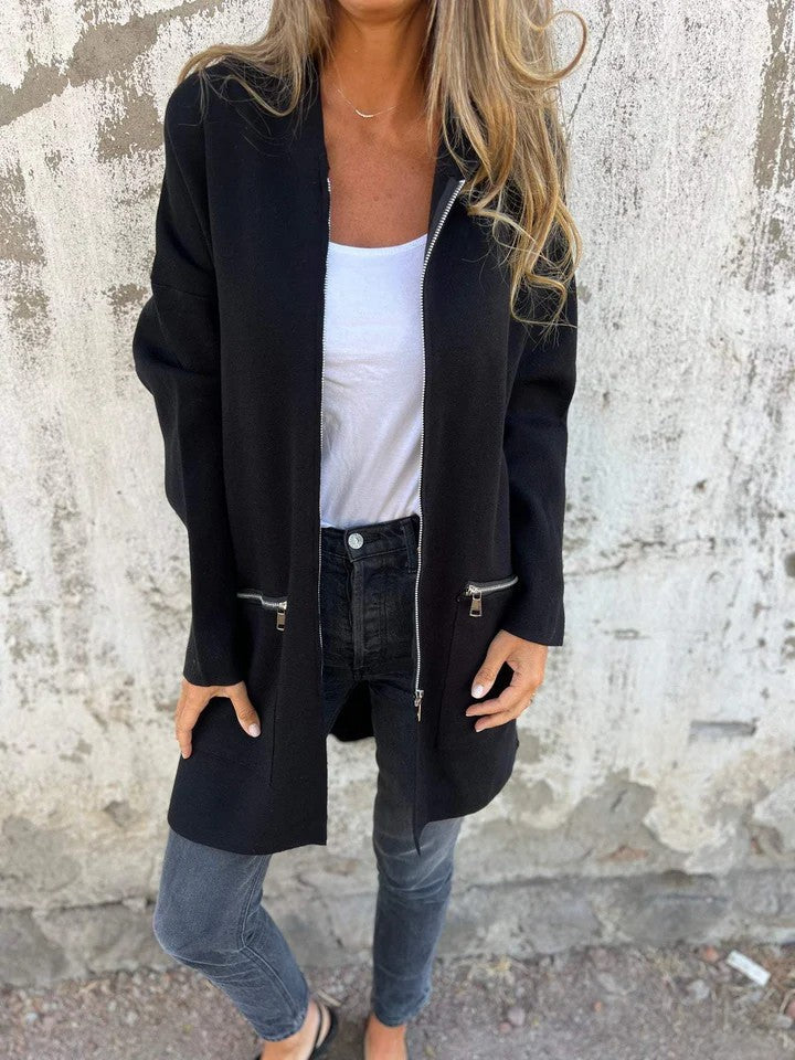 Women’s black zip-up hooded cardigan, front pockets with zipper tabs, open front