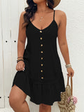 Women’s solid ruffle-hem loose dress, black V-neck with button front and spaghetti straps