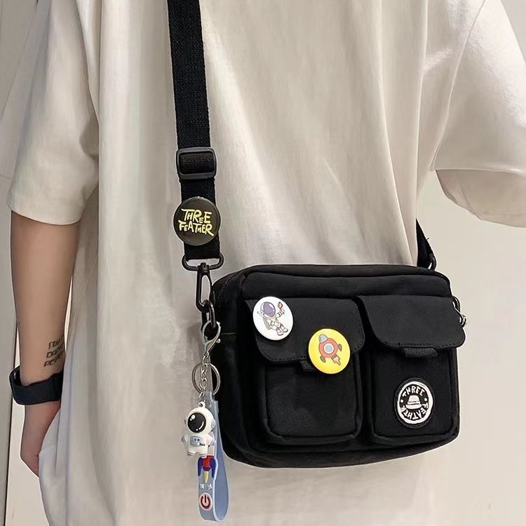 Mens Nylon Shoulder Crossbody Messenger Bag With Badge Pendants Breathable Ultra Light Street Style