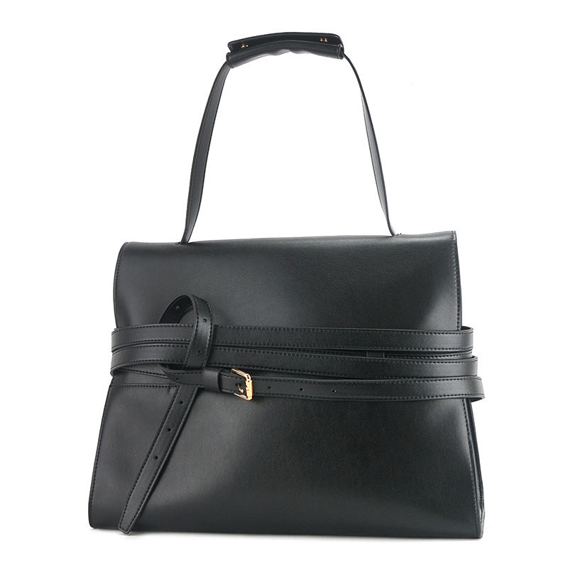 Portable Genuine Leather Shoulder Bag With Buckle Crossbody In Black Small Size 20x10x18cm And Large Size 38x14x29cm