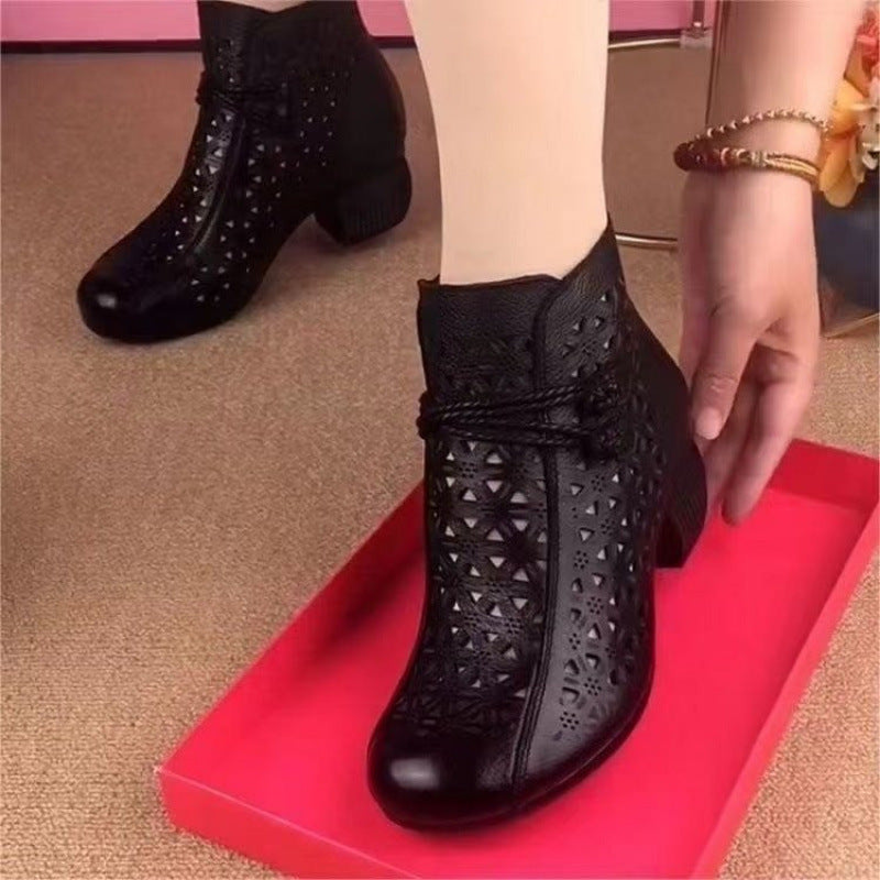 All-Match Leather Mid-Heel Casual Shoes - Women's Comfortable Retro Closed Toe