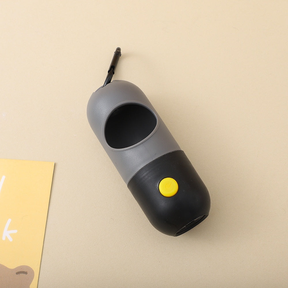 LED pet waste bag dispenser with gray opening, black body, and yellow button