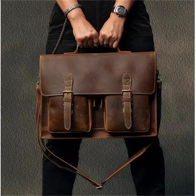 Genuine Cowhide Leather Crossbody Computer Bag Business Travel Anti Theft Wear Resistant In Black Coffee And Dark Brown