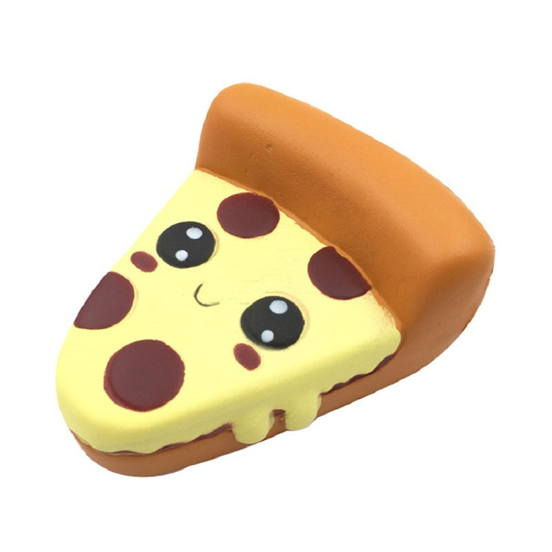 Cute cheese slice squishy toy with brown spots and a smiling face