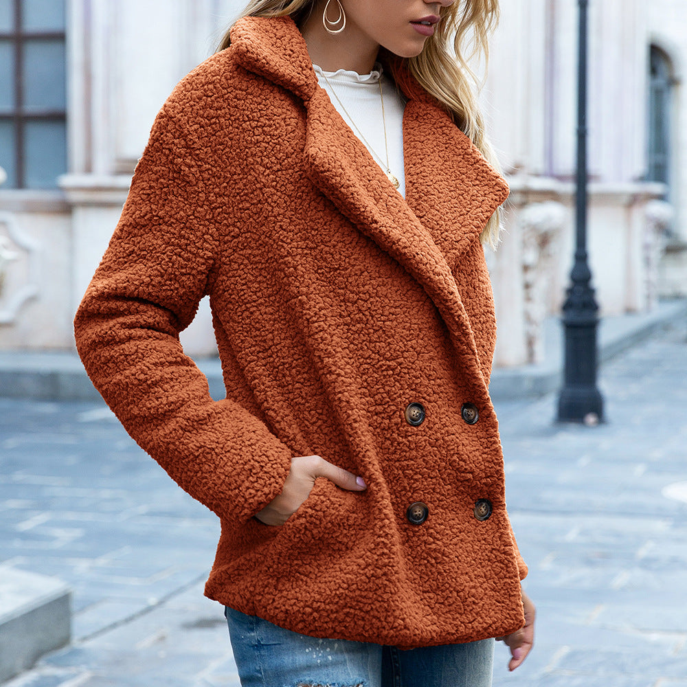 Rust orange fluffy teddy button coat with notch lapels and long sleeves