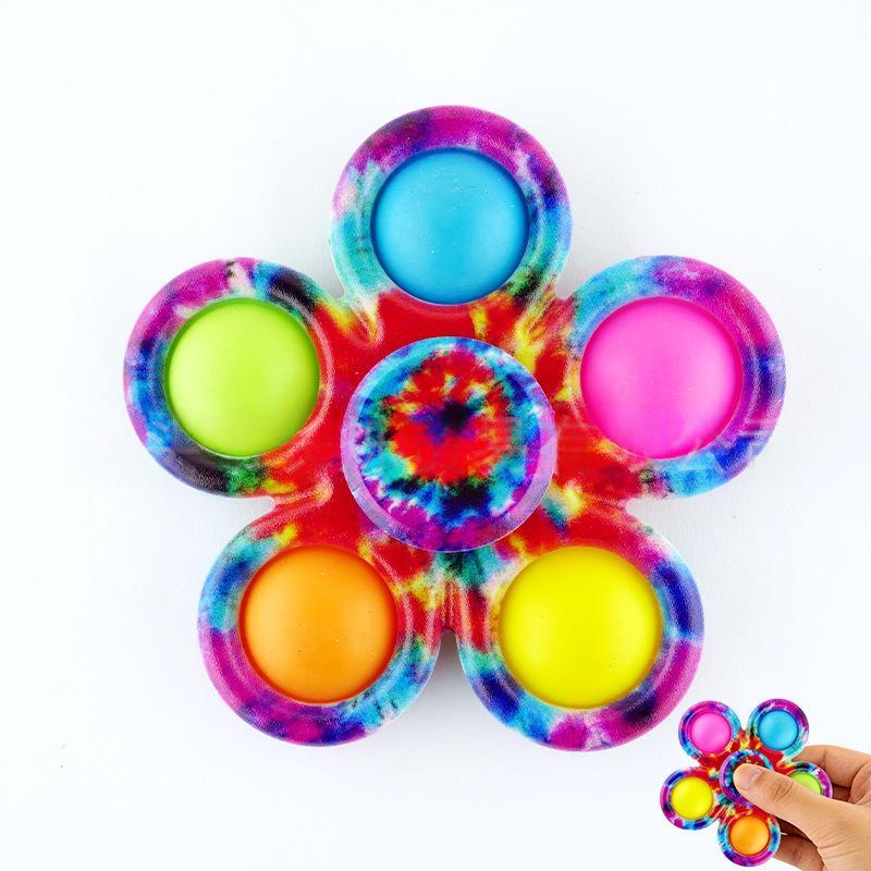 Purple tie-dye fidget spinner with six bright button tips in blue, pink, orange, yellow, green.