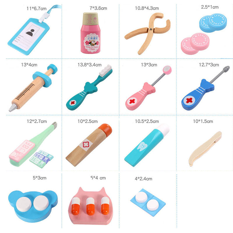 Doctor toy set parts with stethoscope, thermometer, scissor tool, and dental items