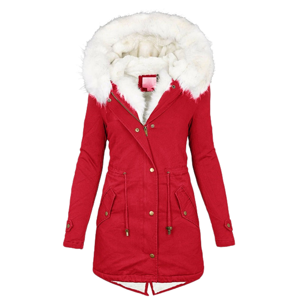 Women’s cotton padded parka, red with white faux-fur hood collar, gold button front.