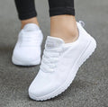 Women’s mesh wedge sneakers, white breathable knit with white laces and sole