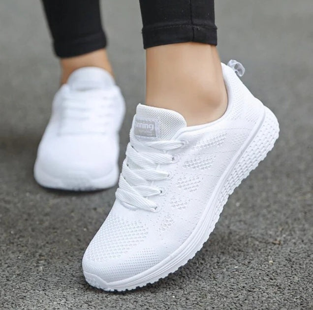 Women’s mesh wedge sneakers, white breathable knit with white laces and sole