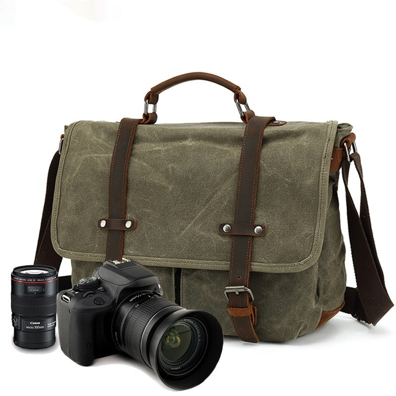 One Shoulder Retro Camera Wind Waterproof Waxed Canvas Crossbody Bag for Men 14 Inch Khaki Black Army Green Dark Gray