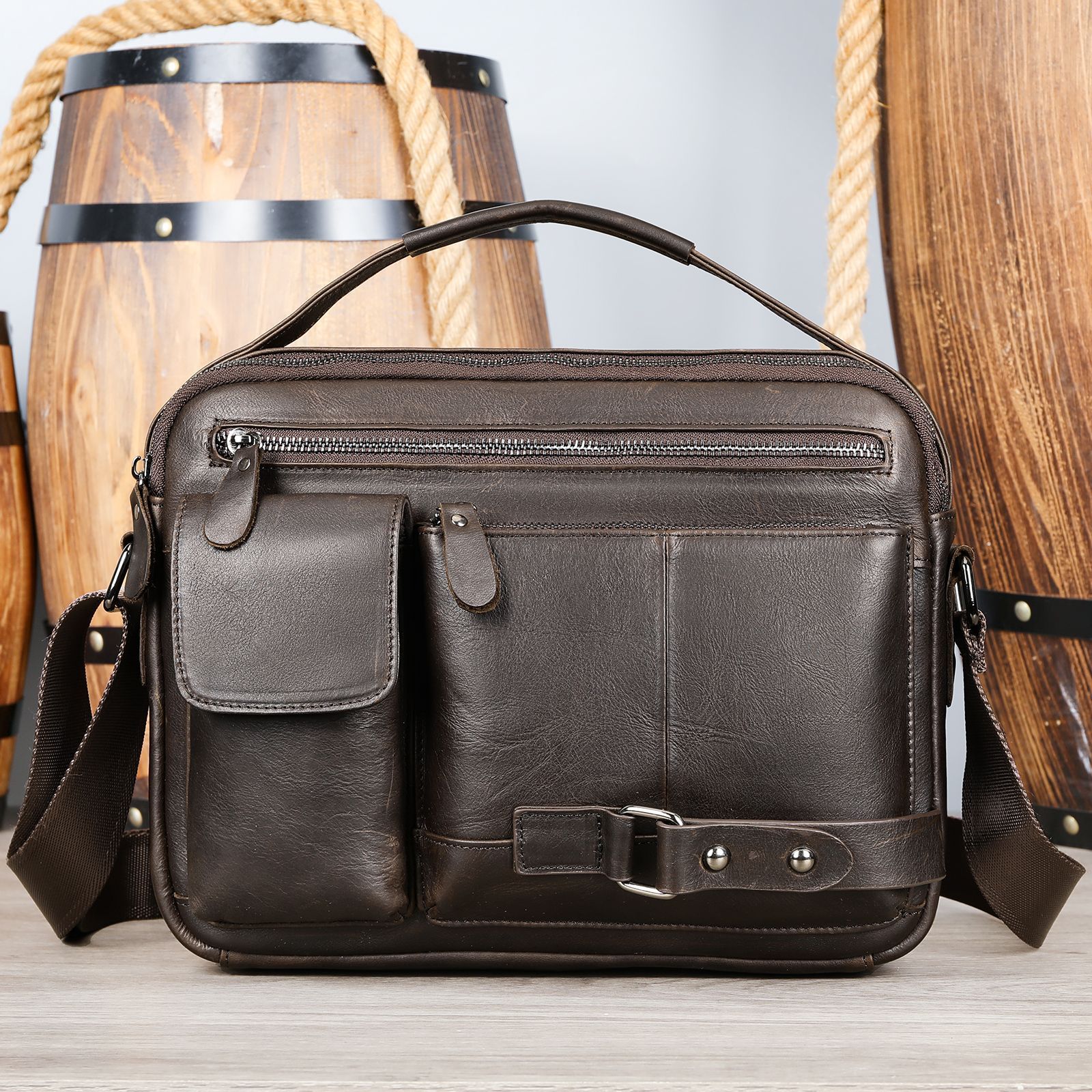 Men's High Sense Oil Wax Genuine Leather Messenger Bag For Business Travel And Daily Use