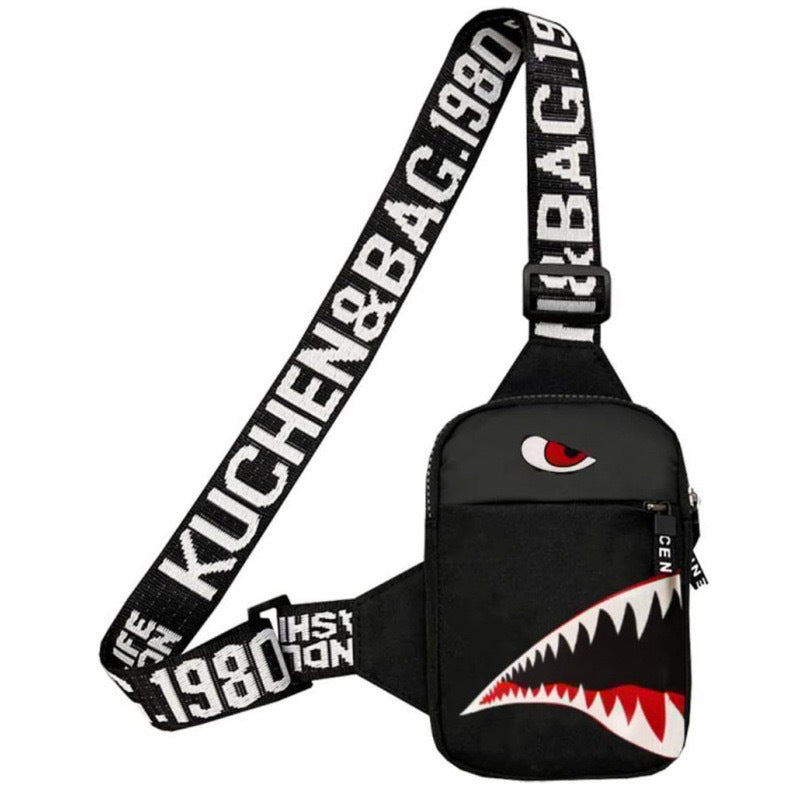 Men's Outdoor Travel Color Graffiti Shoulder Bag Ultra Light Oxford Cloth Black Shark