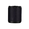 Black portable Bluetooth speaker with fabric grille and top control buttons